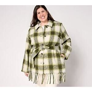 Belle by Kim Gravel Womens 5X Plaid Boucle Shacket Fringe Belted Green White